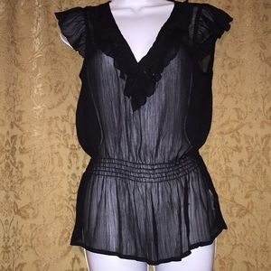 Miley Cyrus Max Azria Blk sheer ruffle blouse Sz L